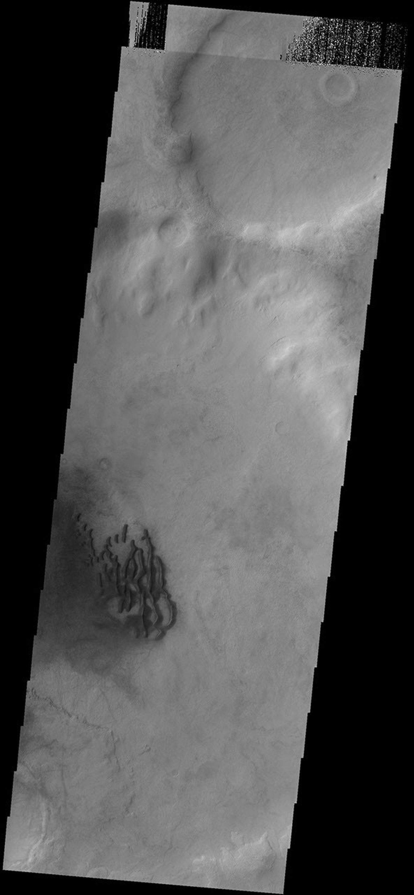The dunes in this image are located on the floor of an unnamed crater in Noachis Terra on Mars as seen by NASA's 2001 Mars Odyssey spacecraft.
