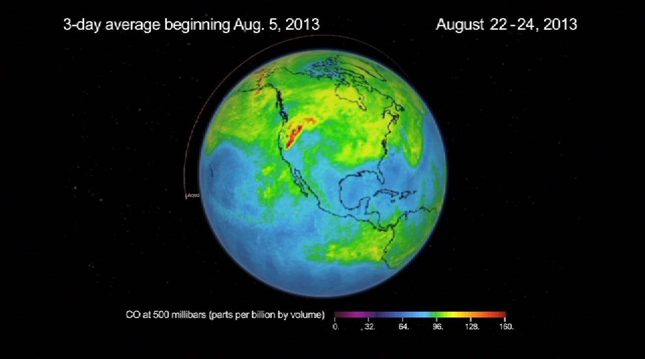 This frame from a movie was produced with data from NASA's Aqua spacecraft showing the spread of carbon monoxide pollution across North America from fires in the Western U.S., including the Beaver Creek Fire in Idaho and the Rim Fire in California.