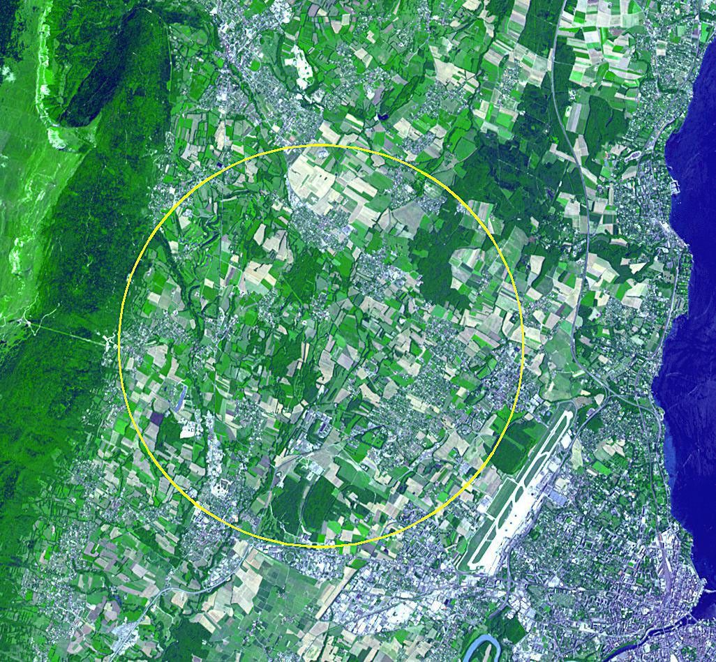 This image, acquired by NASA's Terra spacecraft, is of the CERN Large Hadron Collider, the world's largest and highest-energy particle accelerator laying beneath the French-Swiss border northwest of Geneva (yellow circle).
