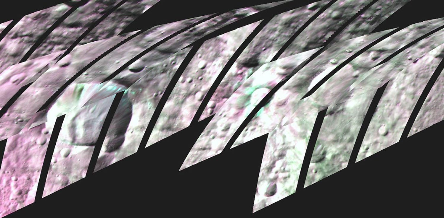 This image shows infrared views of two craters,Bellicia (left) and Arruntia (right), at the giant asteroid Vesta that NASA's Dawn mission has found to sport the mineral olivine.