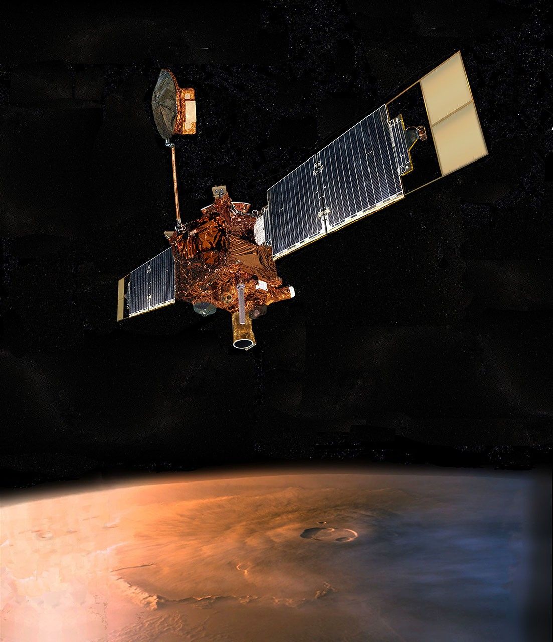 An artist's concept of NASA's Mars Global Surveyor (MGS) flying over Mars.