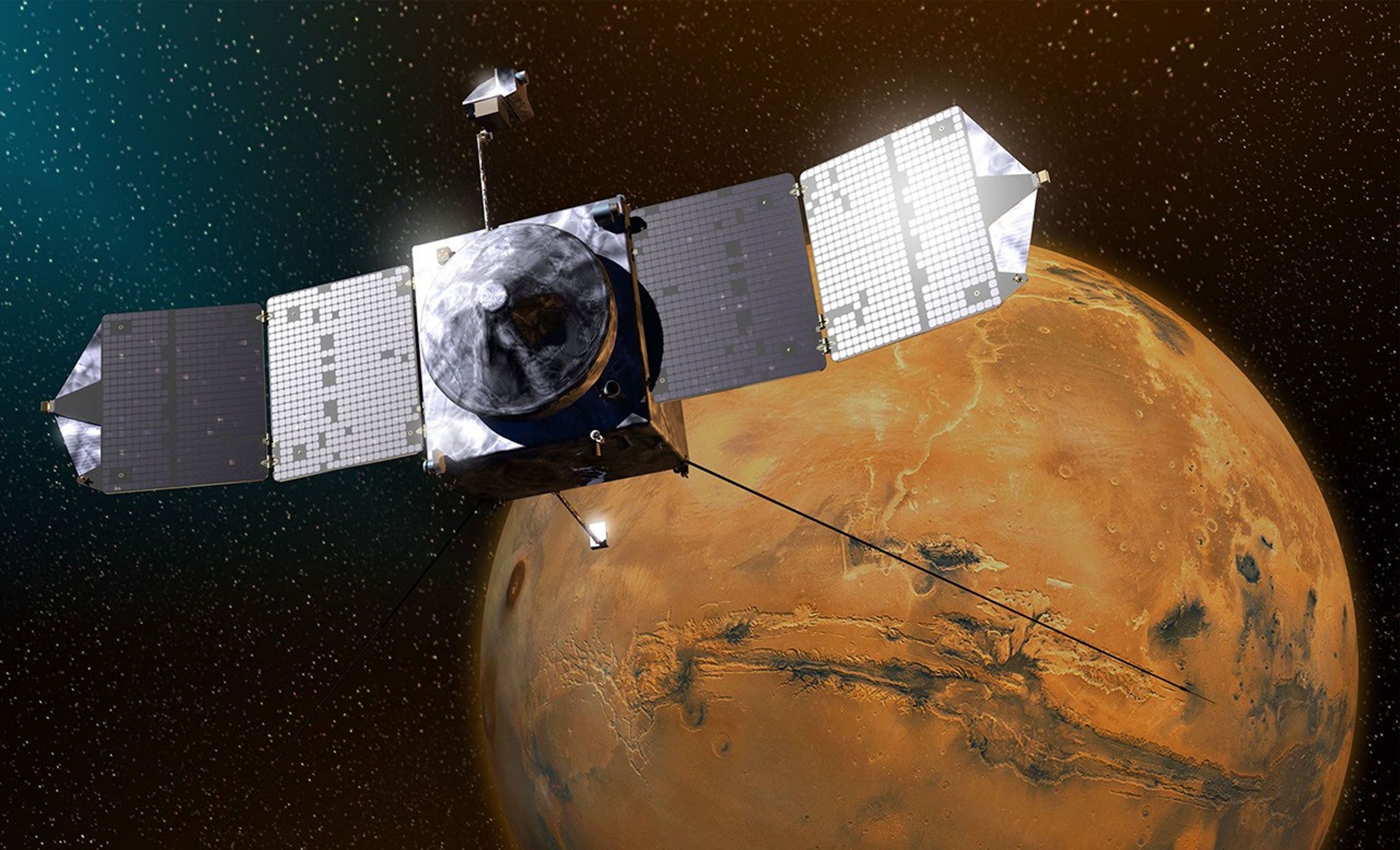 This artist's concept depicts NASA's Mars Atmosphere and Volatile EvolutioN (MAVEN) spacecraft near Mars.