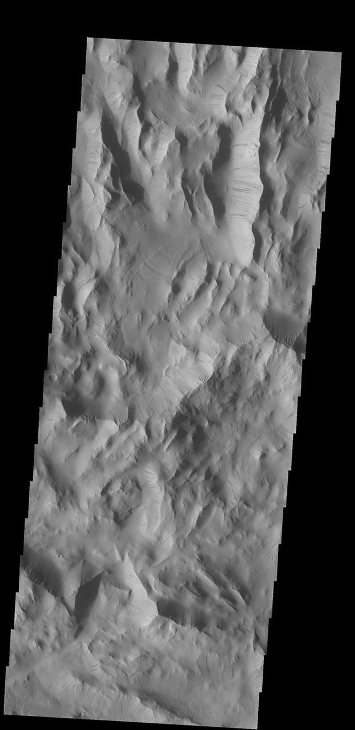 Dark slope streaks are common in Lycus Sulci, the complex ridged terrain surrounding the north and west side of Olympus Mons as seen in this image from NASA's 2001 Mars Odyssey spacecraft.