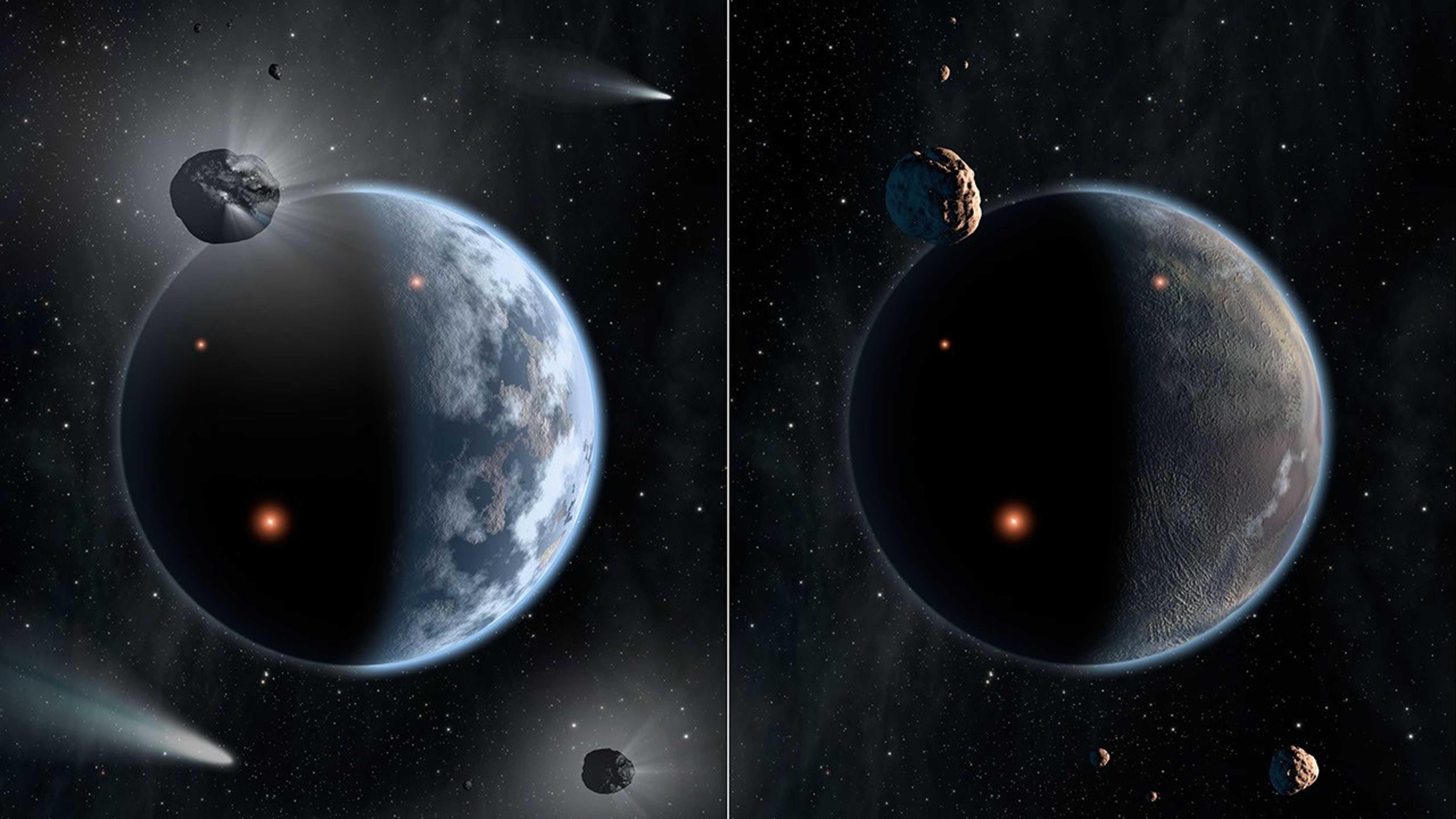 This artist's concept illustrates the fate of two different planets: the one on the left is similar to Earth, made up largely of silicate-based rocks with oceans coating its surface.
