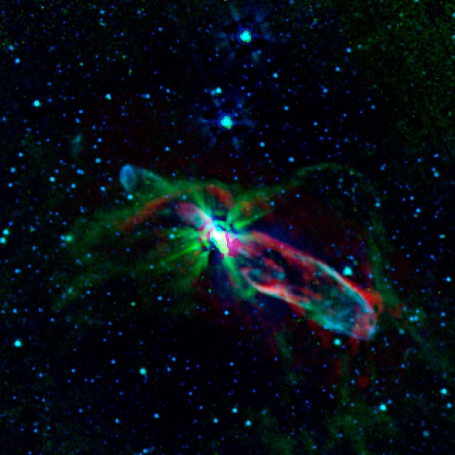 Combined observations from NASA's Spitzer Space Telescope and the newly completed Atacama Large Millimetre/submillimeter Array (ALMA) in Chile have revealed the throes of stellar birth in the well-studied object known as HH 46/47.
