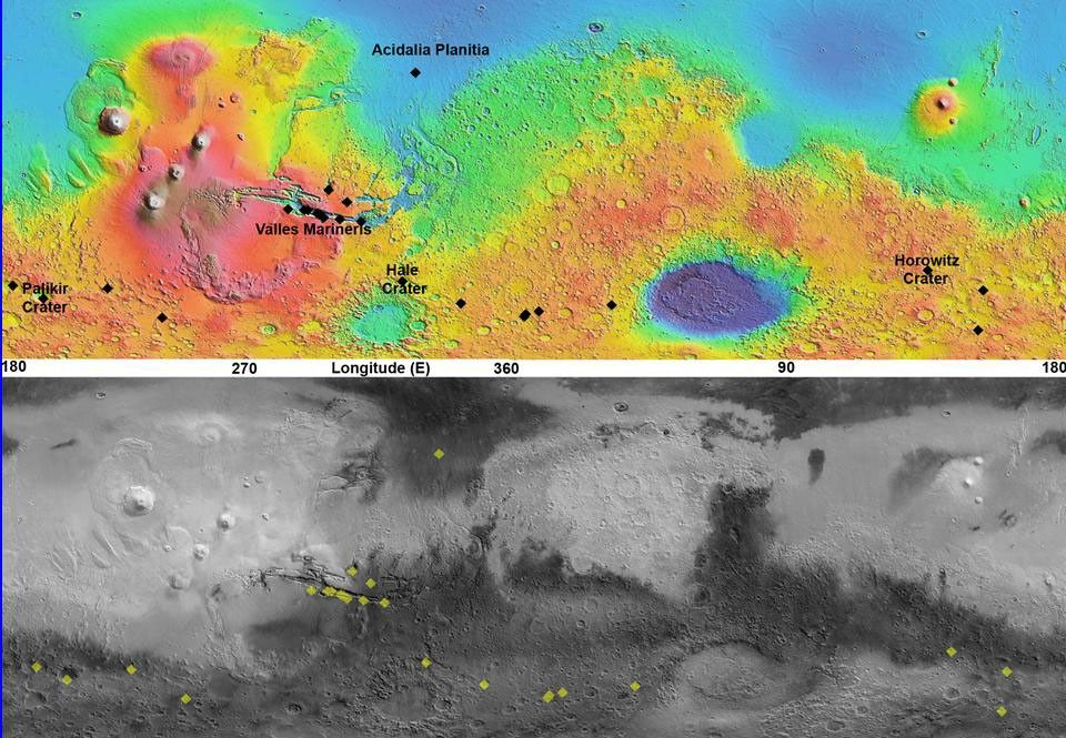 This pair of maps based on albedo information from NASA's Mars Odyssey orbiter and topographical information from NASA's Mars Global Surveyor orbiter indicates locations of confirmed sites of recurrent slope linea on Mars.