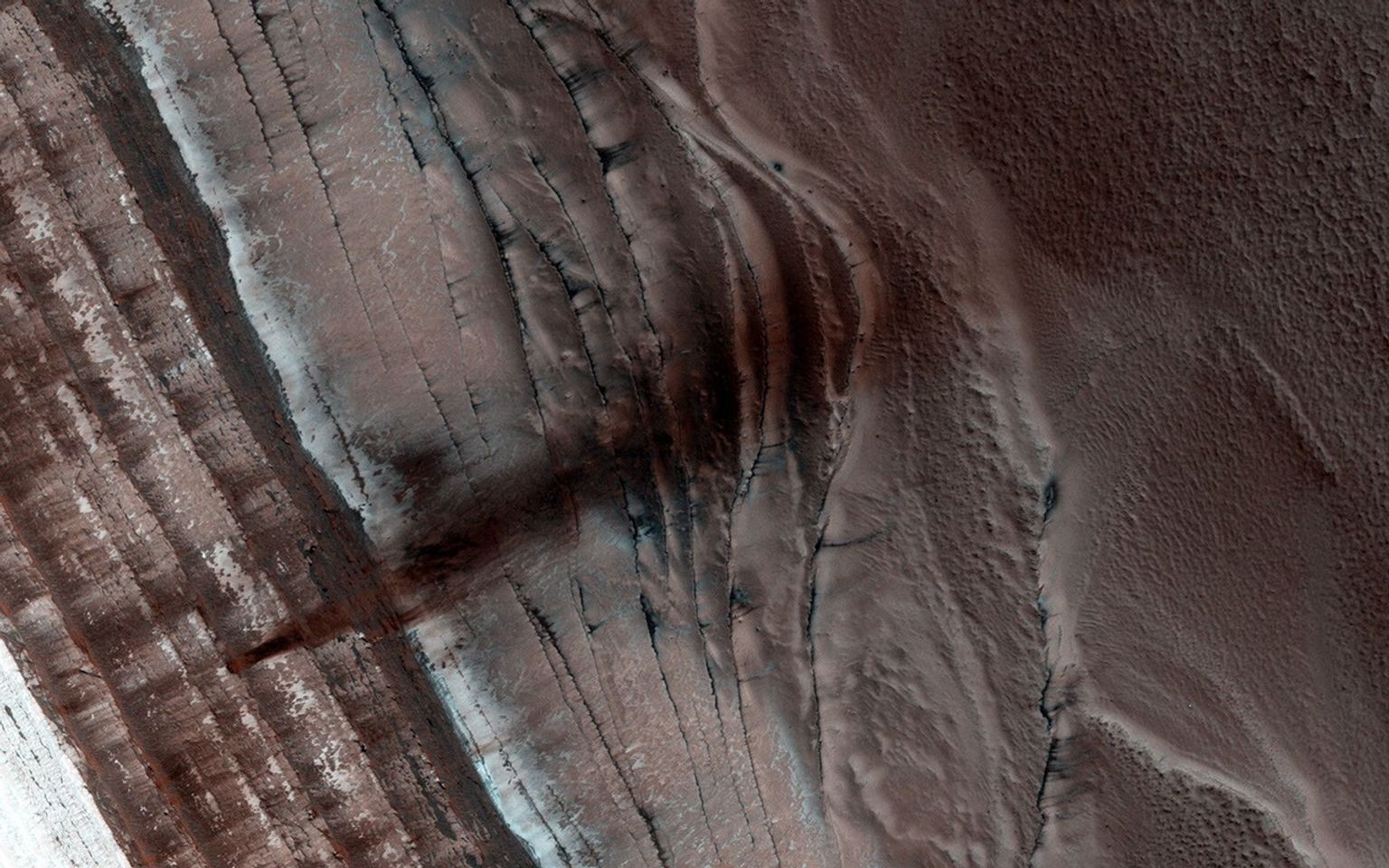 The North Polar region of Mars is capped with layers of water ice and dust, called the 'polar layered deposits.' This permanent polar cap is covered in the winter with a layer of seasonal carbon dioxide ice as seen by NASA's Mars Reconnaissance Orbiter.