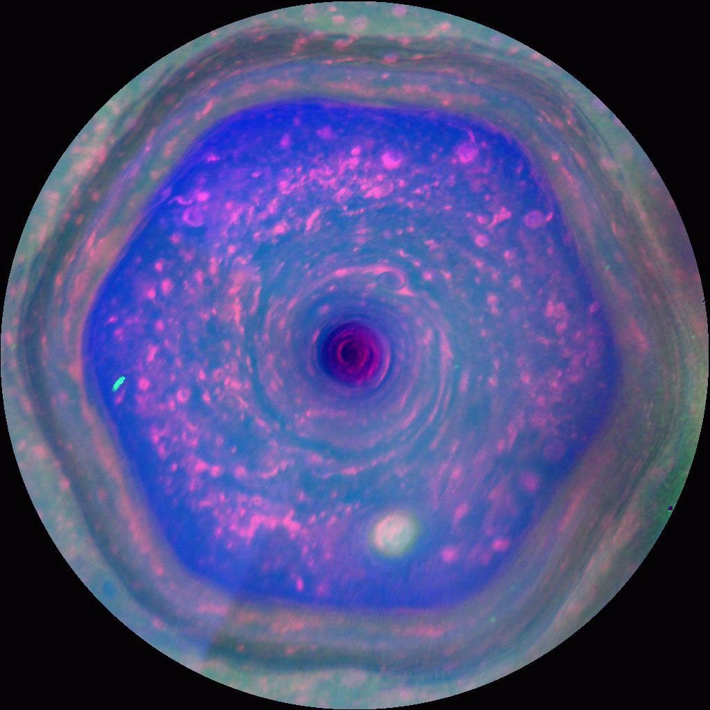 This colorful view from NASA's Cassini mission, known as 'the hexagon,' is the highest-resolution view of the unique six-sided jet stream at Saturn's north pole.