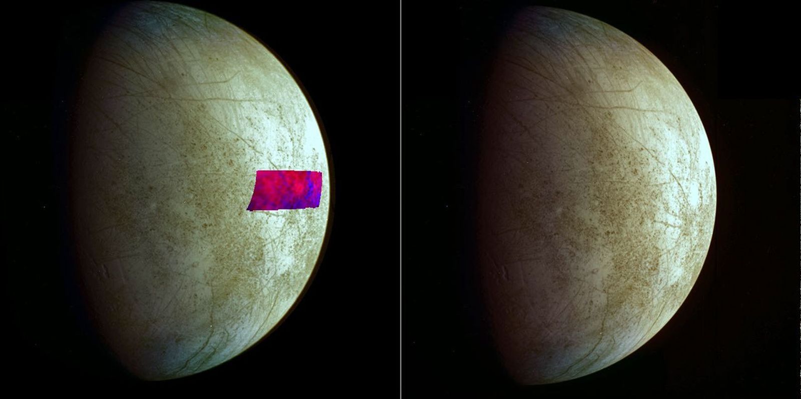 This image, using data from NASA's Galileo mission, shows the first detection of clay-like minerals on the surface of Jupiter's moon Europa.