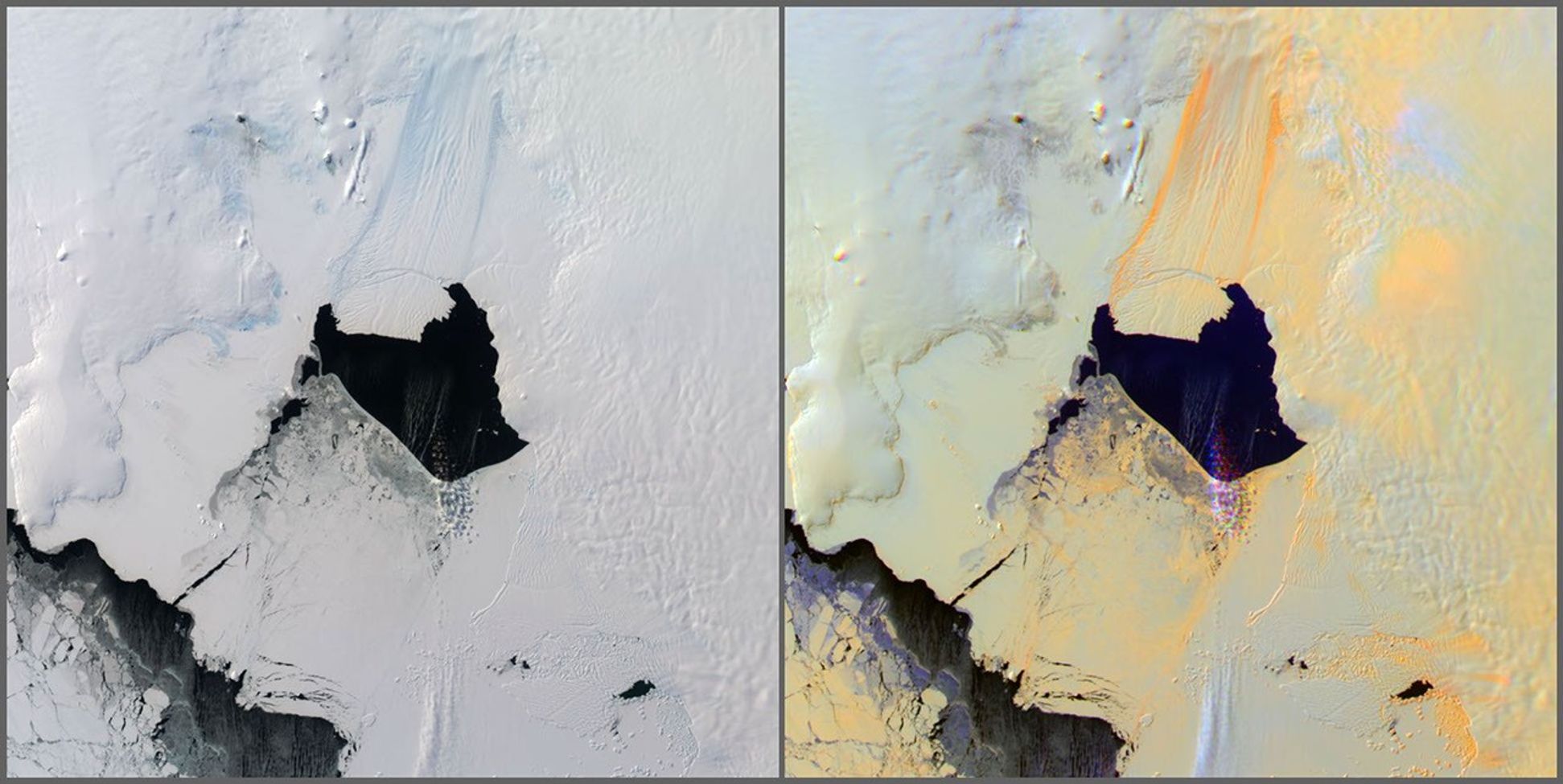 NASA's Terra satellite passed over the Pine Island Glacier in Antarctica around Oct. 27, 2013, just days before iceberg B-31 broke completely free. B-31 is finally moving away from the coast, with open water between the iceberg and the glacier.