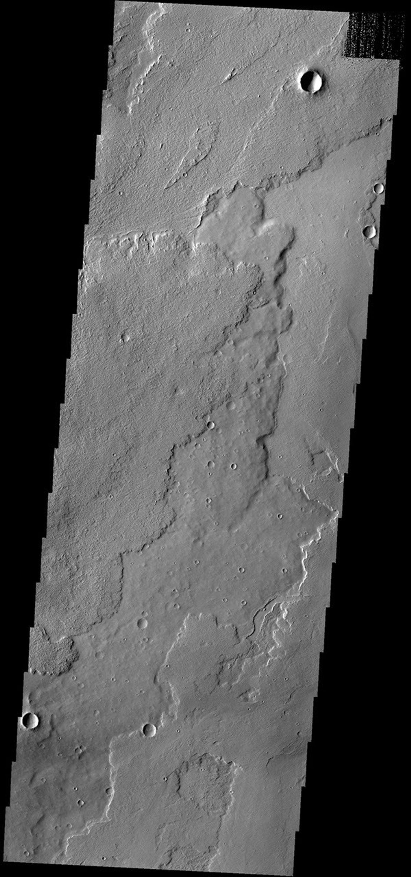 The lava flows in this image captured by NASA's 2001 Mars Odyssey spacecraft are located of the eastern margin of the Tharsis Volcanic complex.