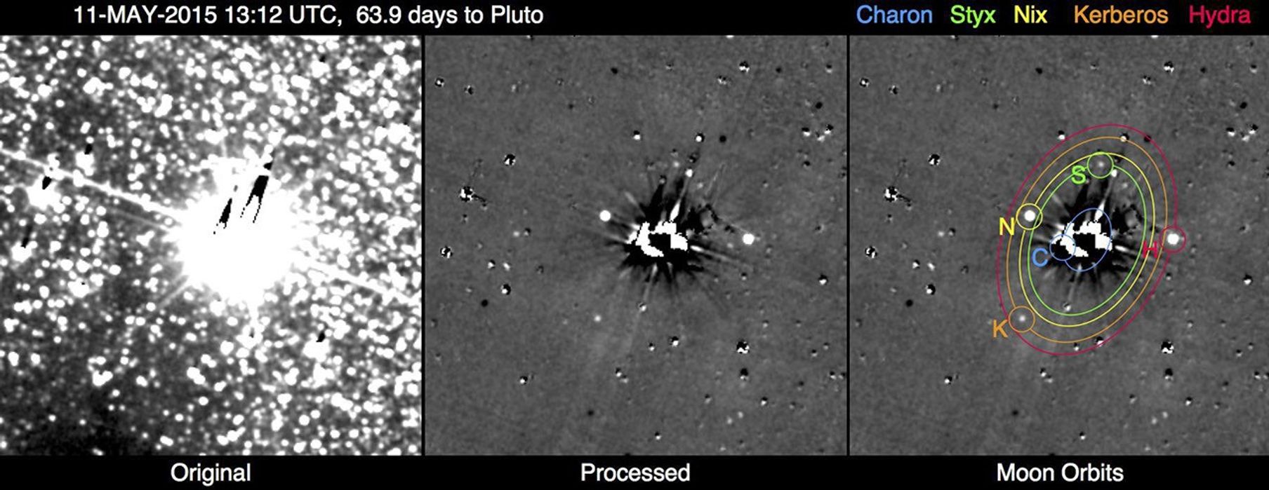 This image shows the results of the New Horizons team's first search for potentially hazardous material around Pluto, conducted May 11-12, 2015, from a range of 47 million miles (76 million kilometers).