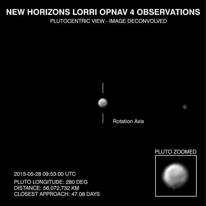 This frame from a movie, composed of images taken by NASA's New Horizons, shows Pluto as it rotates about its axis. The images were taken May 28-June 3, 2015, from distances ranging from approximately 56 million kilometers to 48.5 million kilometers.