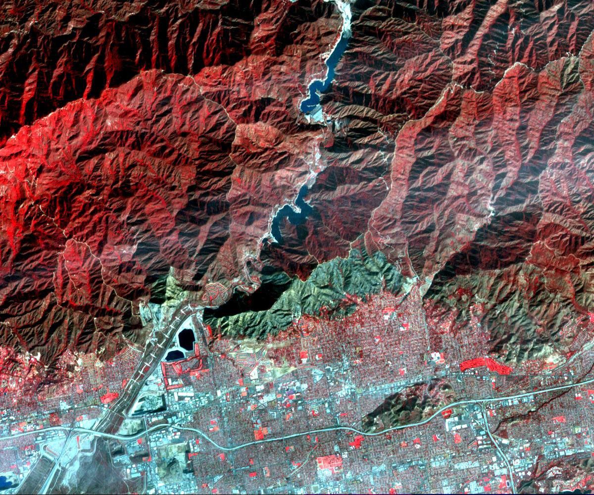 On Jan. 16, 2014, NASA's Terra spacecraft acquired this image of a wildfire broke that out in the mountains above the Los Angeles suburbs of Glendora and Azusa.