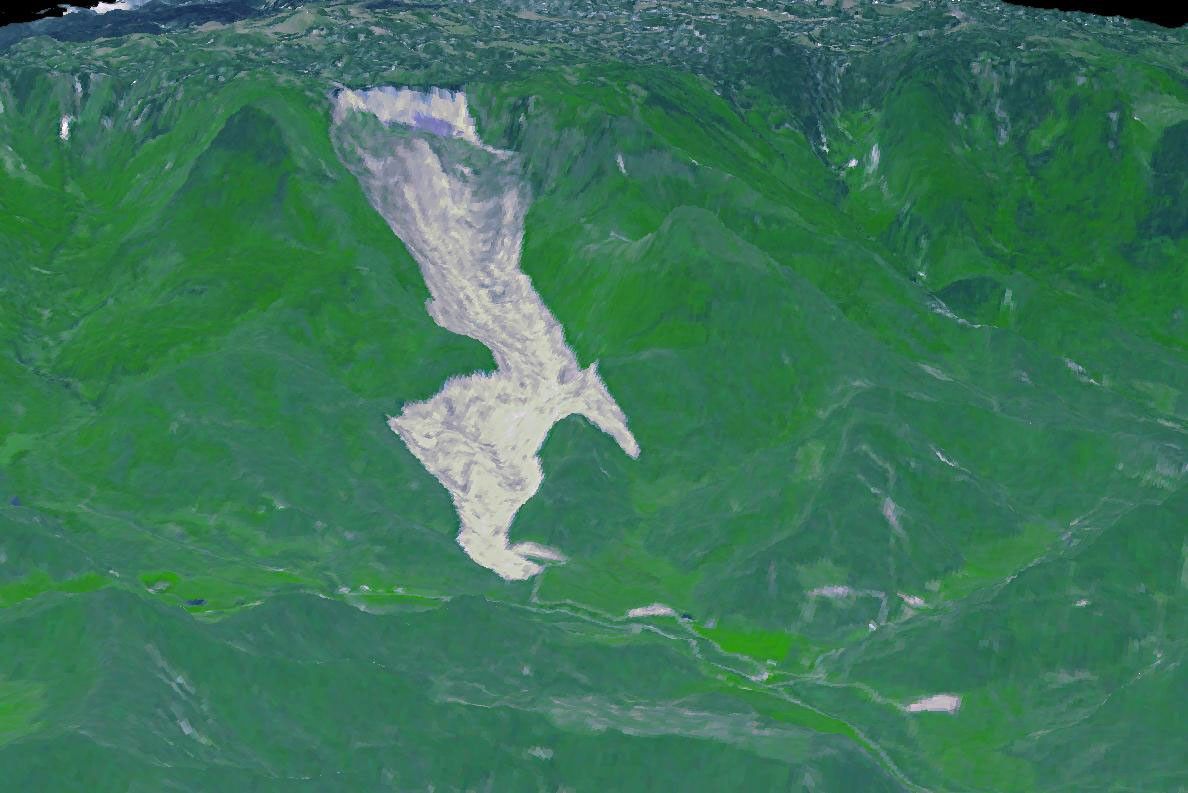 On May 26, 2014, an enormous landslide came roaring from above in a sparsely inhabited area of Mesa County, Arizona, near the town of Collbran. This image was acquired by NASA's Terra spacecraft.