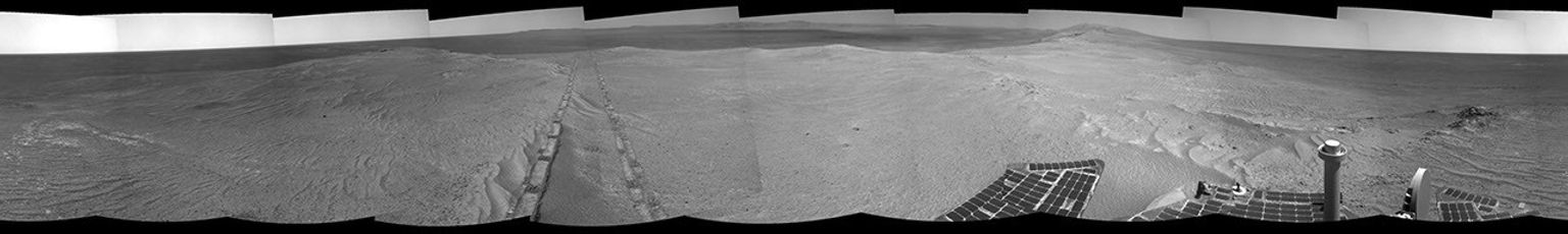 The component images for this 360-degree panorama were taken by NASA's Mars Exploration Rover Opportunity after the rover drove about 97 feet southeastward on April 22, 2014. The location is on the western rim of Endeavour Crater.