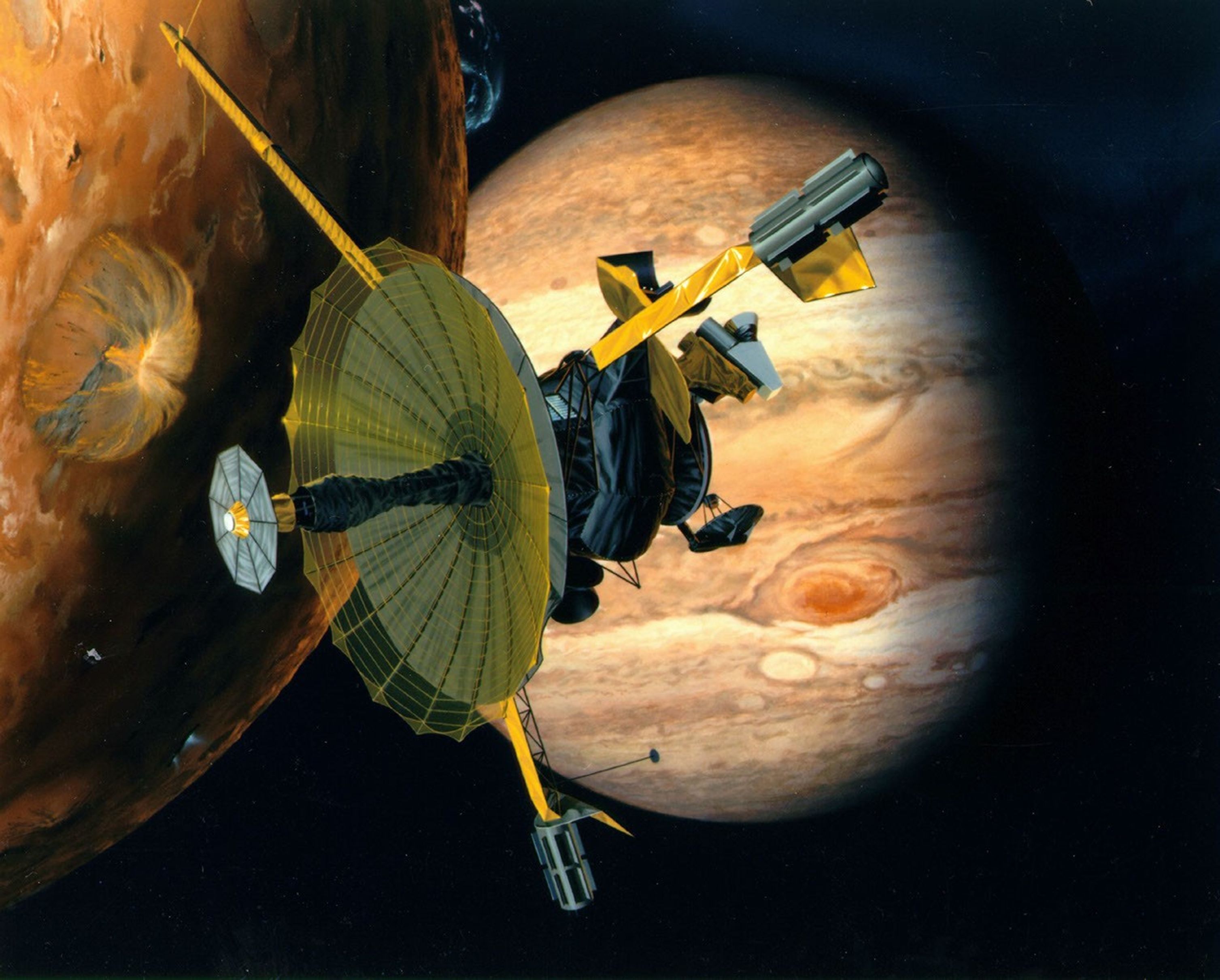 Artist's rendering of NASA's Galileo spacecraft flying past Jupiter's moon Io. Galileo made multiple close approaches to the volcanically active moon during its time at Jupiter.