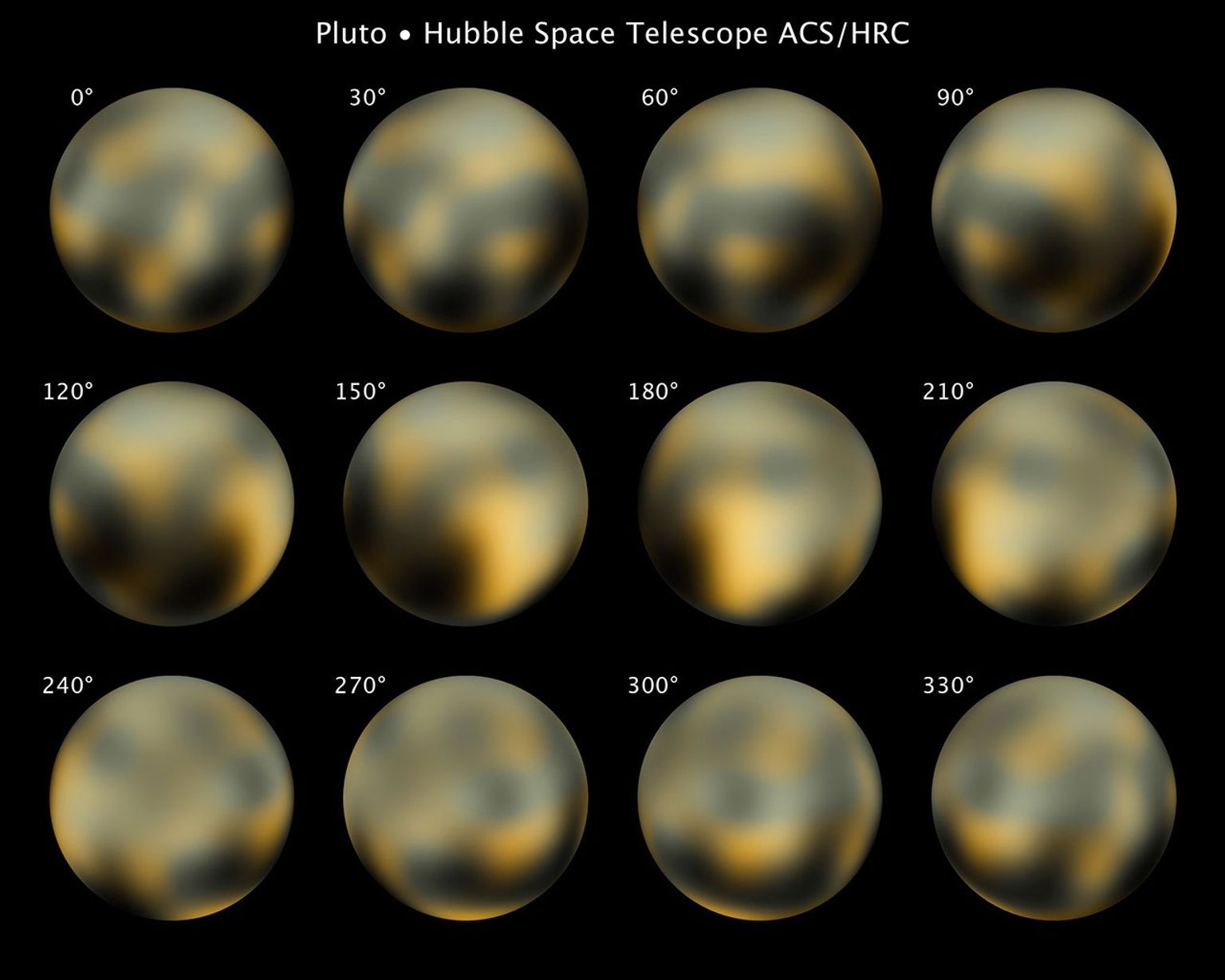 This is the most detailed view to date of the entire surface of the dwarf planet Pluto, as constructed from multiple NASA Hubble Space Telescope photographs taken from 2002 to 2003.