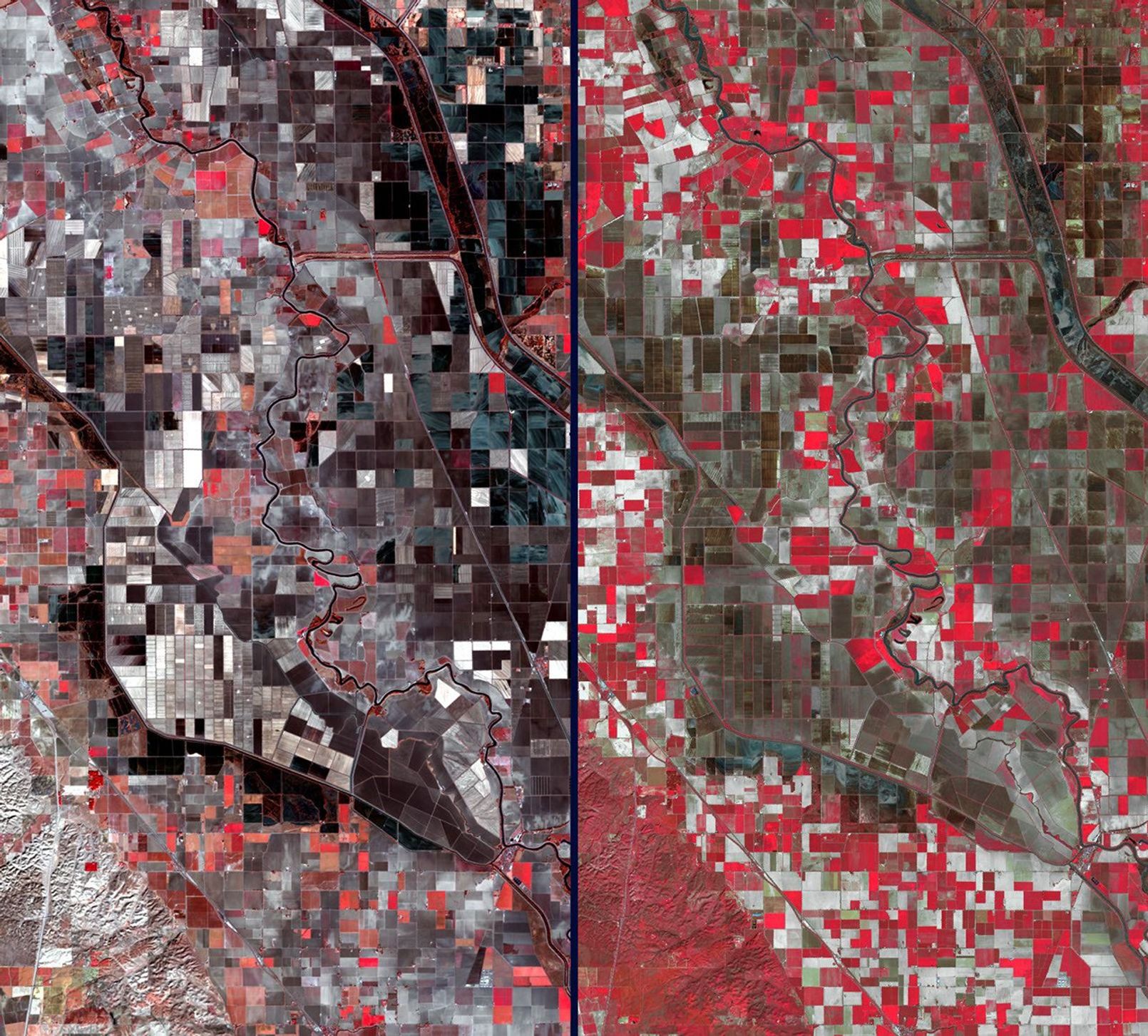 Stark effects of a California drought on agriculture can be clearly seen in these two February images acquired in 2014 and 2003 by NASA's Terra spacecraft.