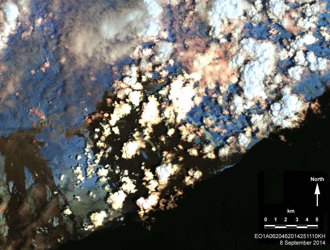 On Sept. 8, 2014, NASA's Earth Observing 1 spacecraft obtained this infrared image of Kilauea volcano, Hawaii, which has been in continuous eruption since 1983. New lava flows can be seen.