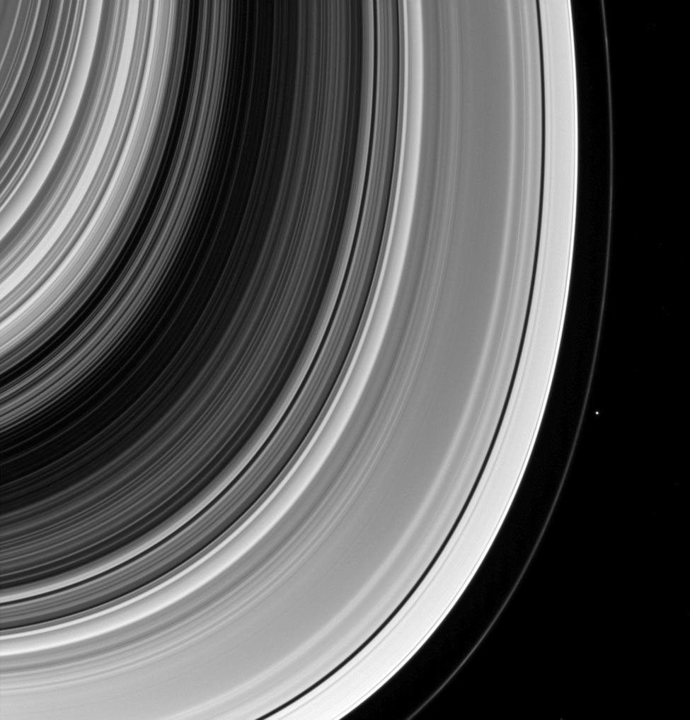 The F ring shepherd Pandora is captured here by NASA's Cassini spacecraft along with other well-known examples of Saturn's moons shaping the rings.