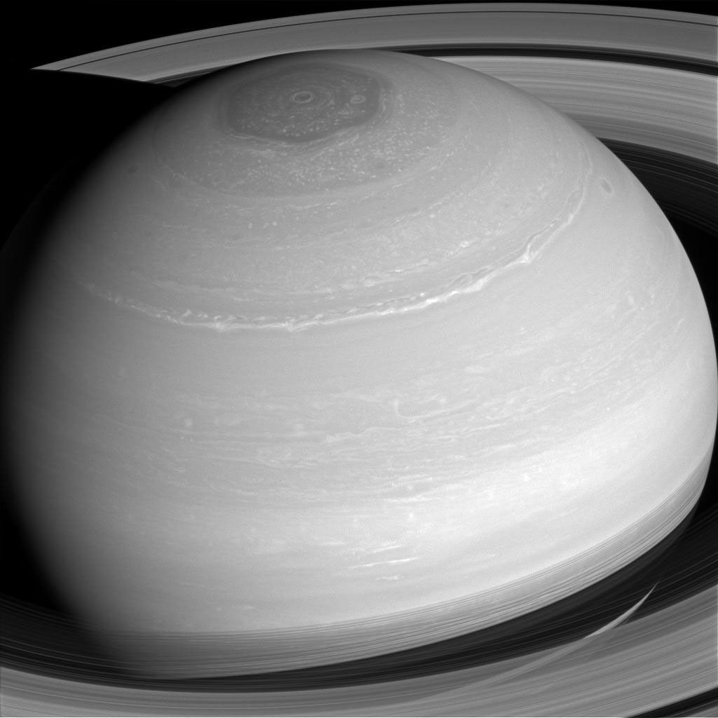 Saturn's many cloud patterns, swept along by high-speed winds, look as if they were painted on by some eager alien artist in this image from NASA's Cassini spacecraft.