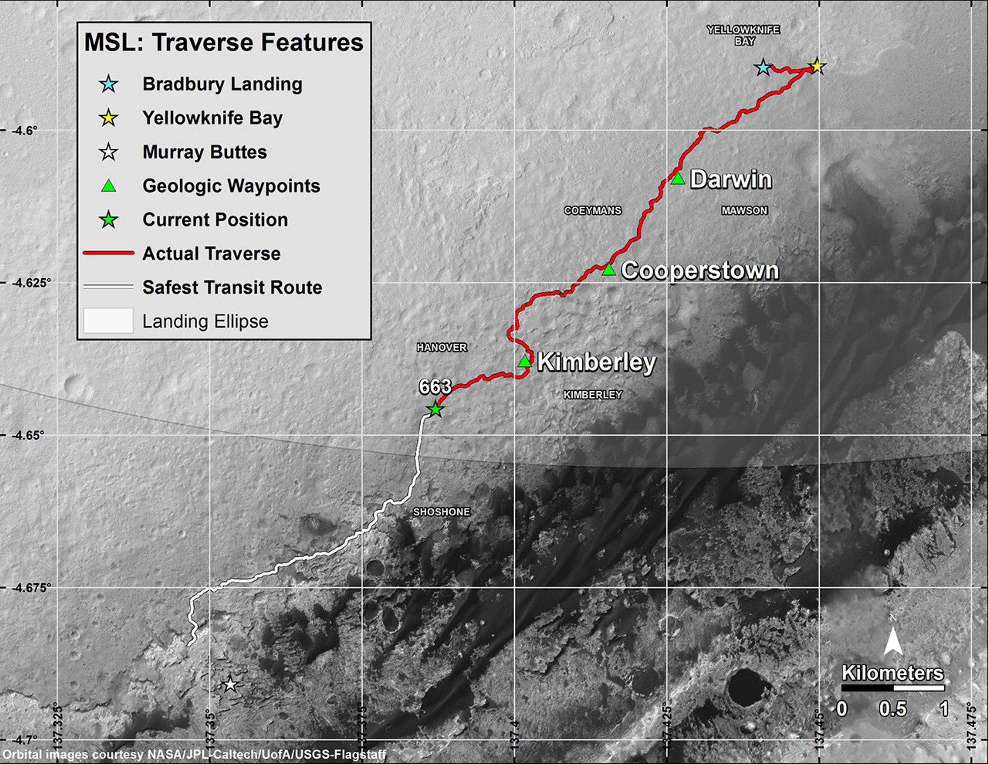 This map shows in red the route driven by NASA's Curiosity Mars rover from its landing site at 'Bradbury Landing.' The white line shows the planned route to reach destinations on Mount Sharp. Sol 669 will complete one Martian year.