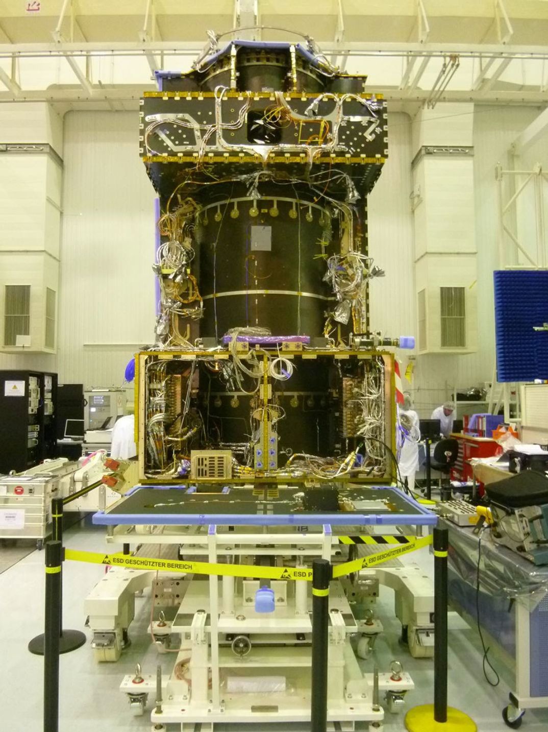 This June 2014 image from the clean room at Thales Alenia Space, in Cannes, France, shows ongoing assembly of the European Space Agency's ExoMars Trace Gas Orbiter, including the first of the orbiter's two Electra UHF relay radios provided by NASA.