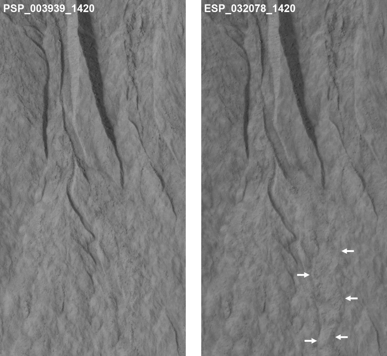 This pair of images covers one of many sites on Mars where researchers use the HiRISE camera on NASA's Mars Reconnaissance Orbiter to study changes in gullies on slopes. Changes are visible in deposits near the lower end of this gully.