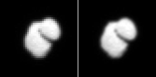 This observation from ESA's Rosetta spacecraft shows that comet 67P/Churyumov-Gerasimenko has a two-part shape. The image on the left is from OSIRIS; the image on the right is enhanced with interpolated data.