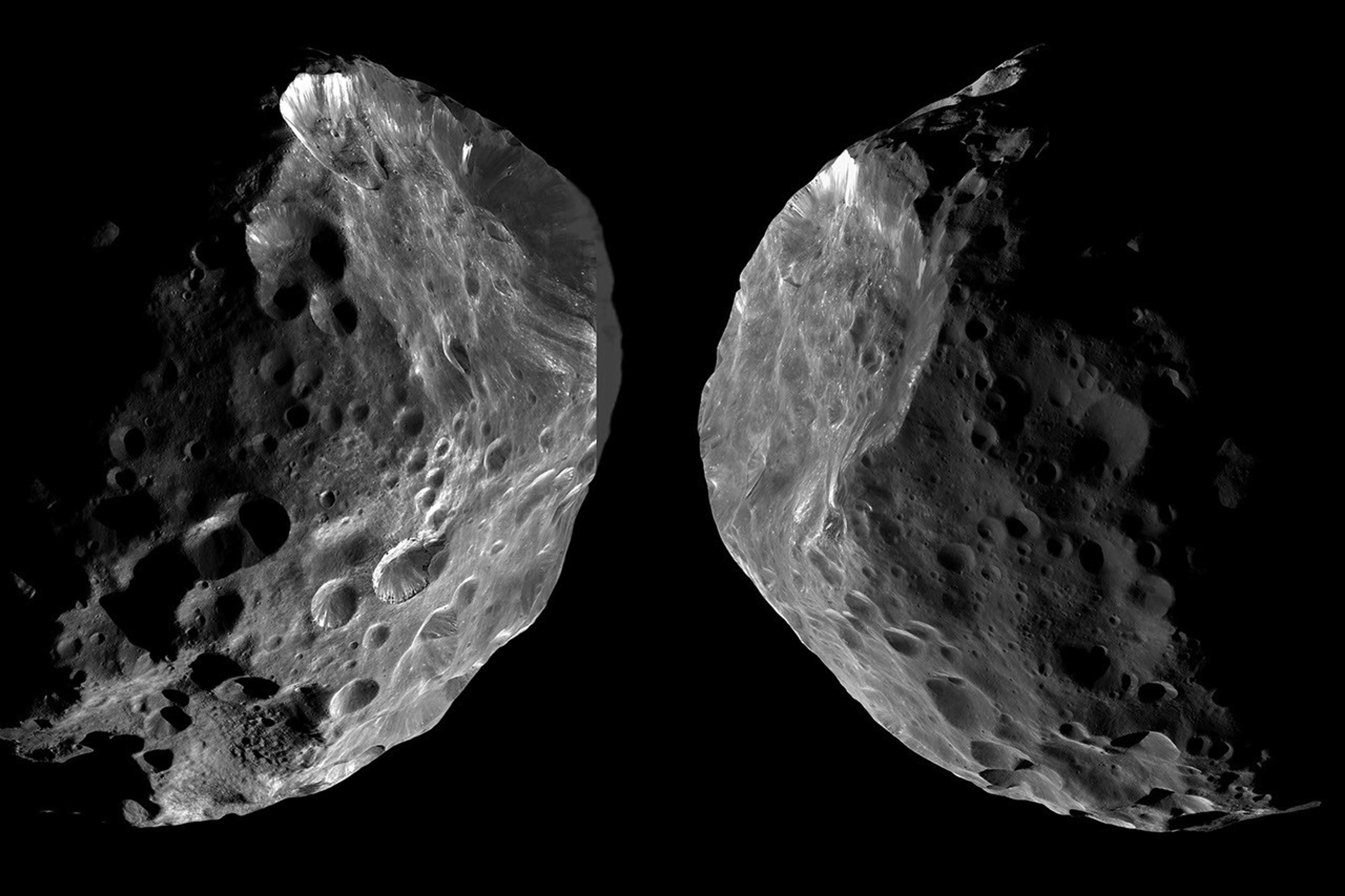 The image on the left shows Cassini's view on approach to Phoebe, while the right shows the spacecraft's departing perspective. As it entered the Saturn system, NASA's Cassini spacecraft performed its first targeted flyby of one of the planet's moons.