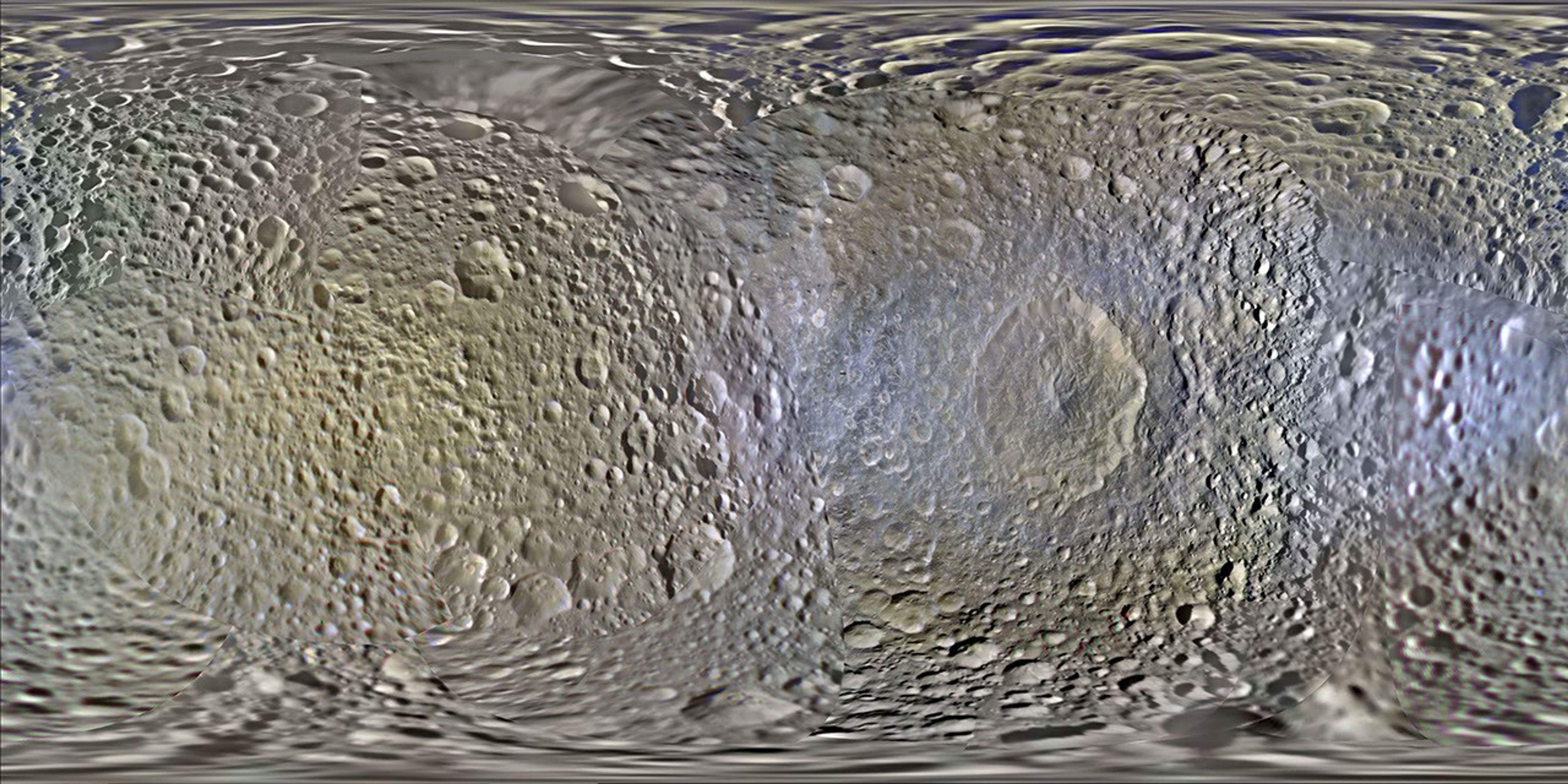 This set of global, color mosaics of Saturn's moon Mimas was produced from images taken by NASA's Cassini spacecraft during its first ten years exploring the Saturn system.