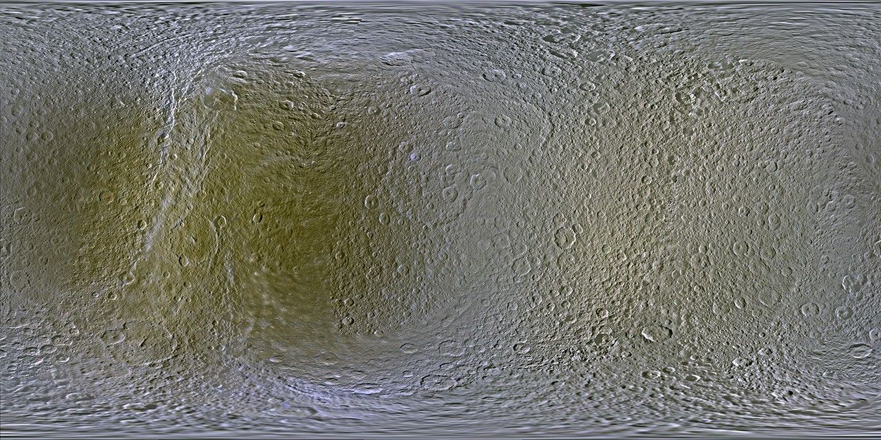 This set of global, color mosaics of Saturn's moon Rhea was produced from images taken by NASA's Cassini spacecraft during its first ten years exploring the Saturn system.