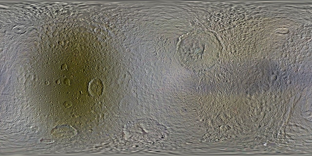 This set of global, color mosaics of Saturn's moon Tethys was produced from images taken by NASA's Cassini spacecraft during its first ten years exploring the Saturn system.