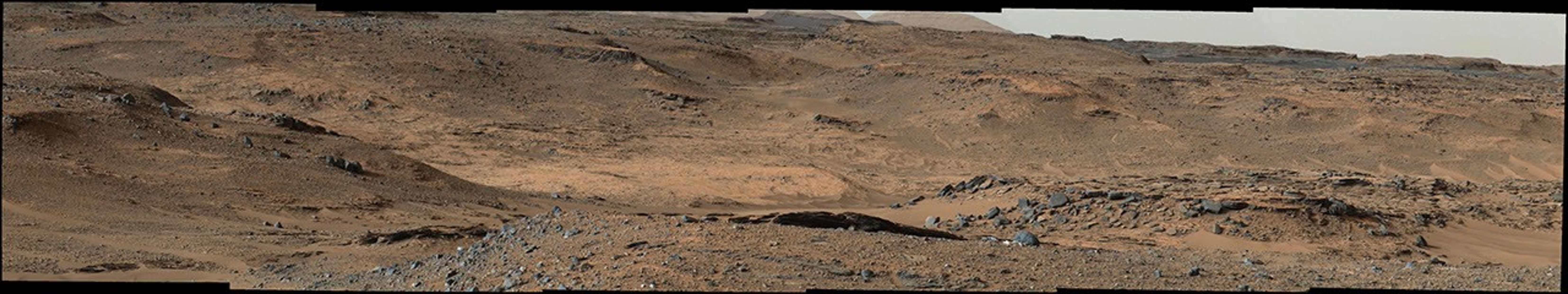 This image from NASA's Mars Curiosity rover shows the 'Amargosa Valley,' on the slopes leading up to Mount Sharp on Mars. The rover is headed toward the 'Pahrump Hills' outcrop.