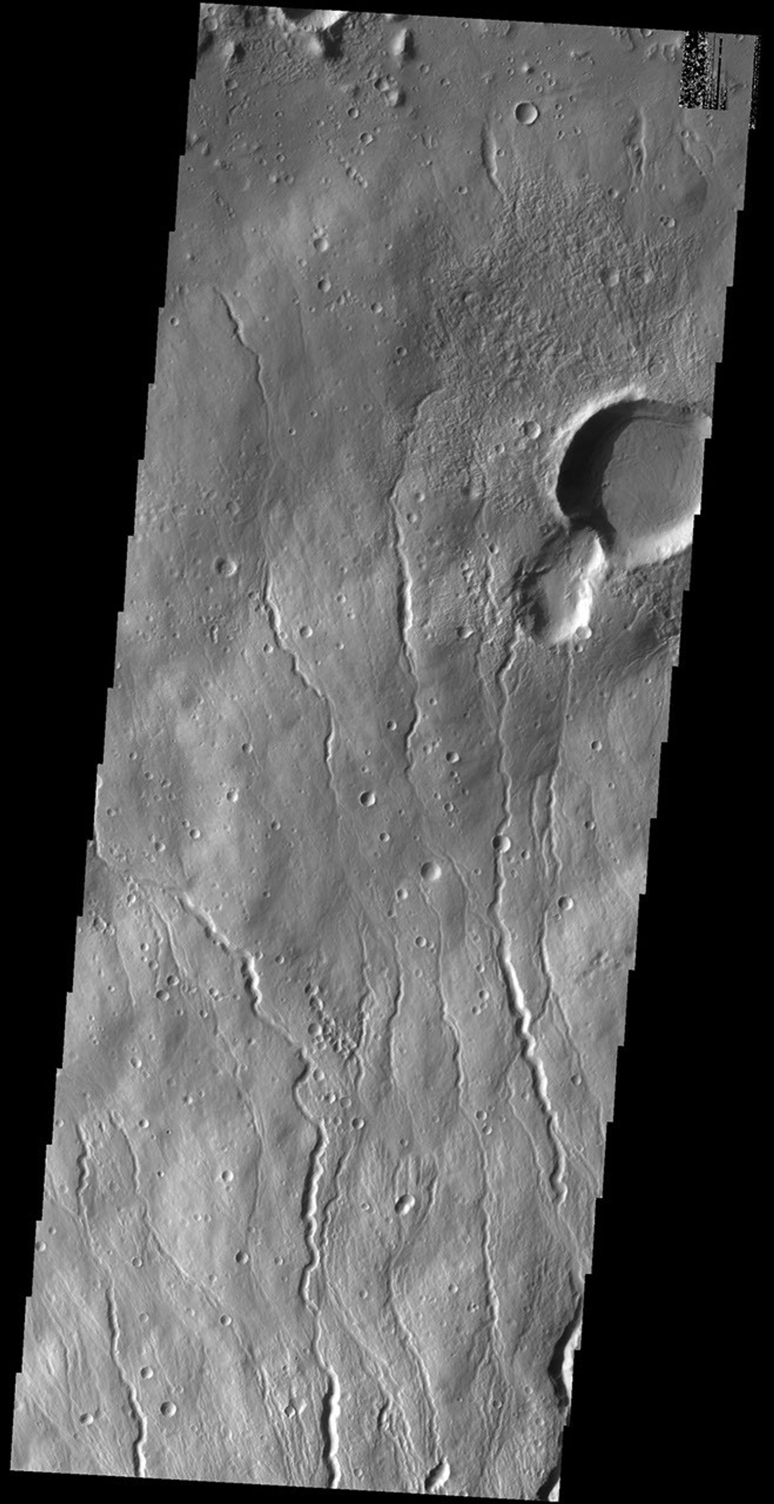This image captured by NASA's 2001 Mars Odyssey spacecraft shows part of the northern flank of Hecates Tholus, which is located on the northern part of the Elysium Volcanic Complex.