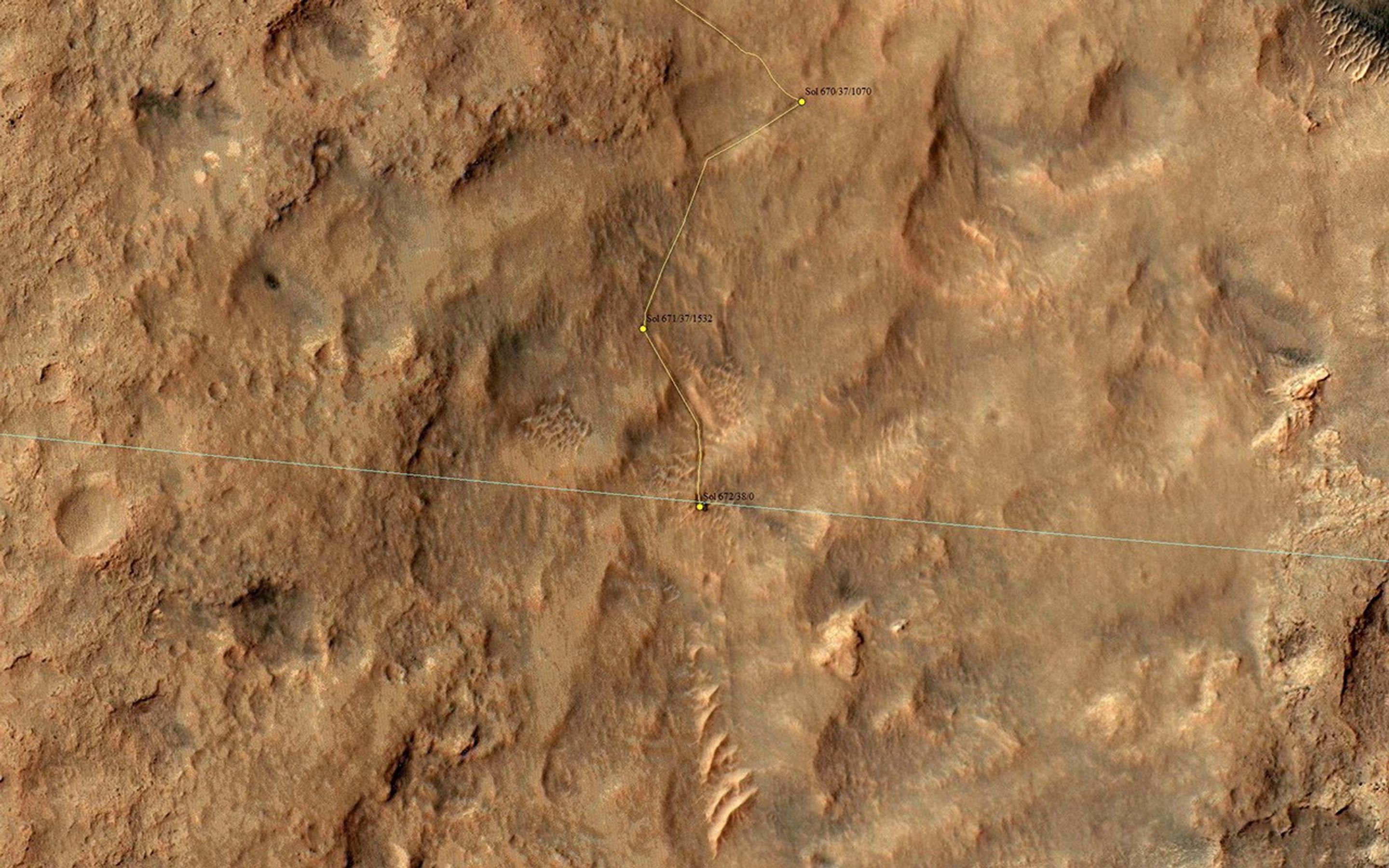NASA's Mars Reconnaissance Orbiter captured this image on 27 June 2014, when Curiosity had just crossed the edge of the 3-sigma landing.