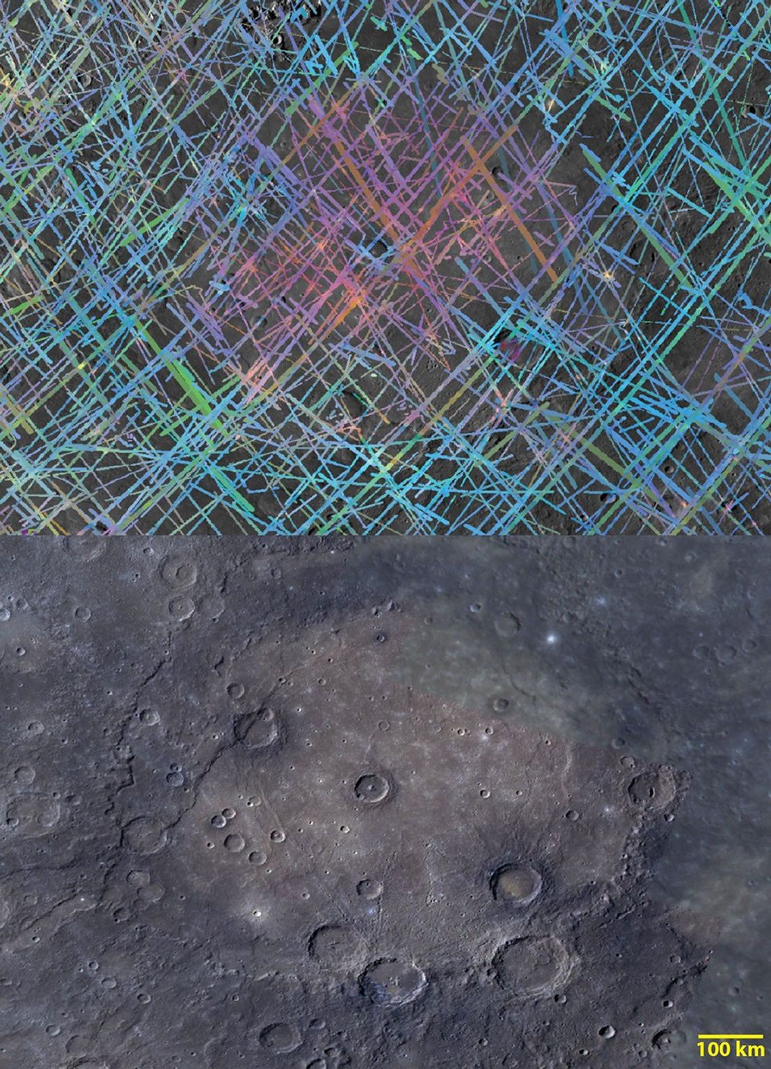 Out of the Basin. These images from NASA MESSENGER's MASCS (top) and MDIS (bottom) are of Rembrandt, Mercury's second largest impact basin.