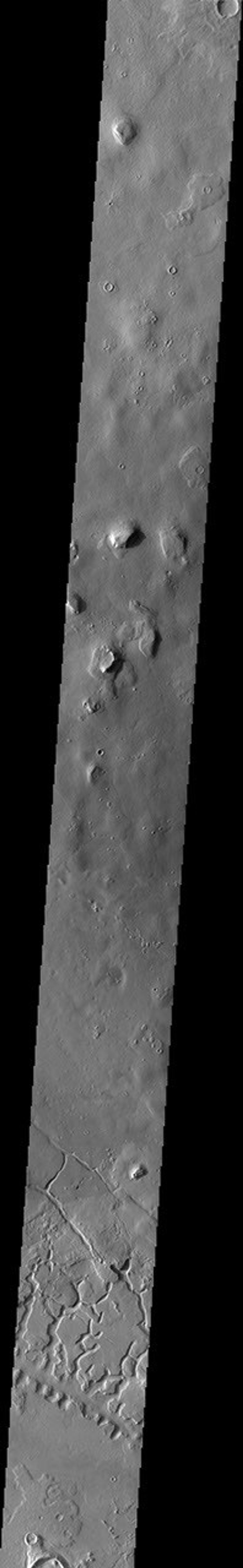 The channel-like features at the bottom of this image captured by NASA's 2001 Mars Odyssey spacecraft are part of Galaxias Fossae.