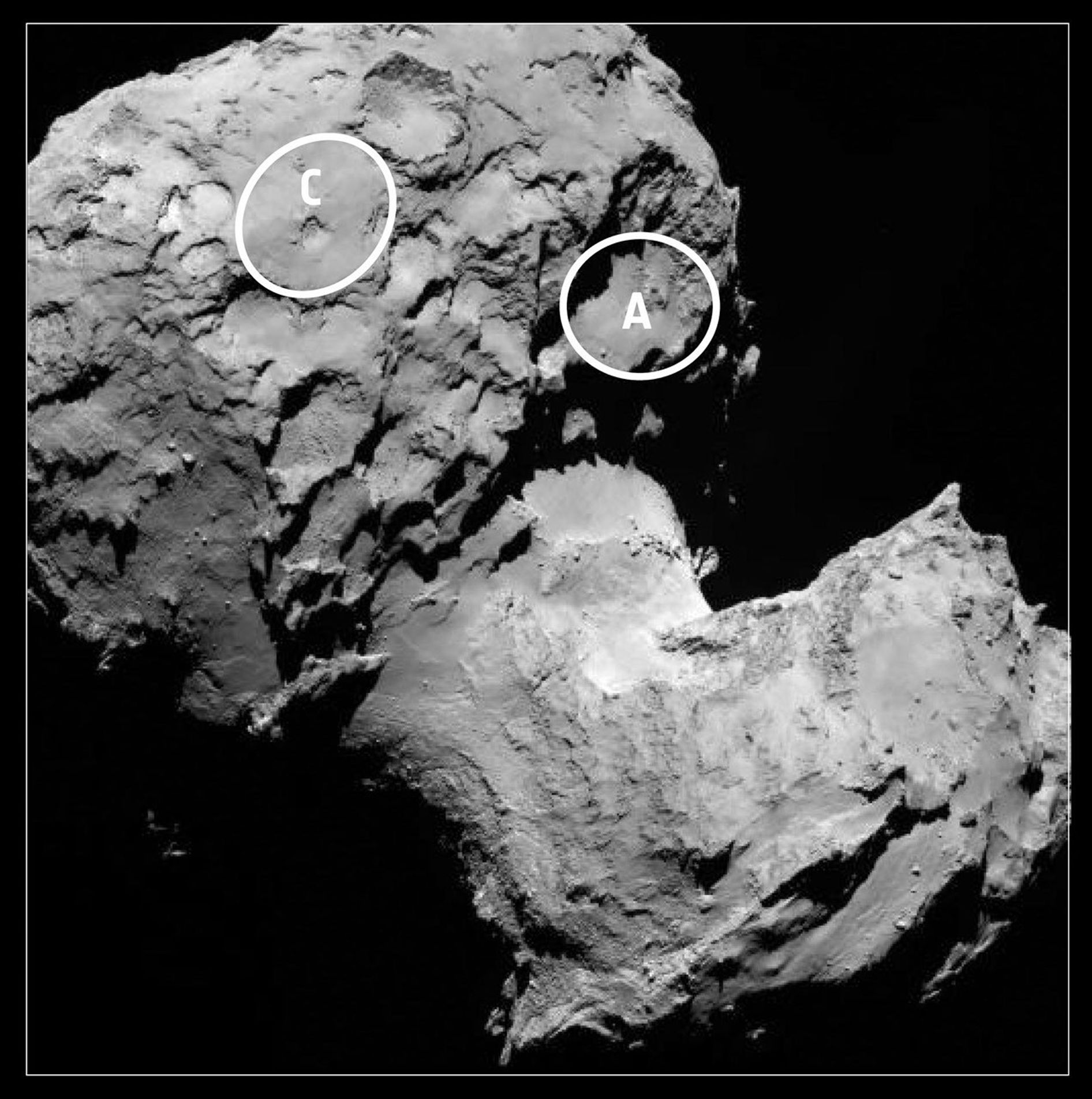 This annotated image depicts the two potential landing sites for ESA's Rosetta's Philae lander that are on the comet's larger lobe.