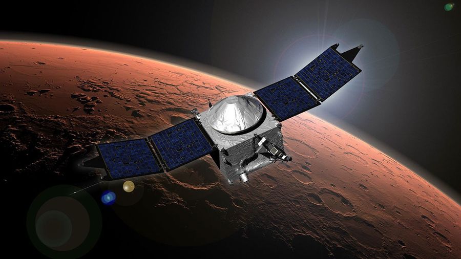 This image shows an artist concept of NASA's Mars Atmosphere and Volatile Evolution (MAVEN) mission.