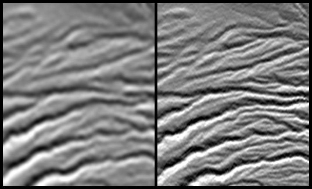 A site in the Crater Highlands of Tanzania reveals the difference between NASA's Shuttle Radar Topography Mission (SRTM) digital elevation model data as originally released in 2004 (left) and as now released at full resolution in 2014 (right).