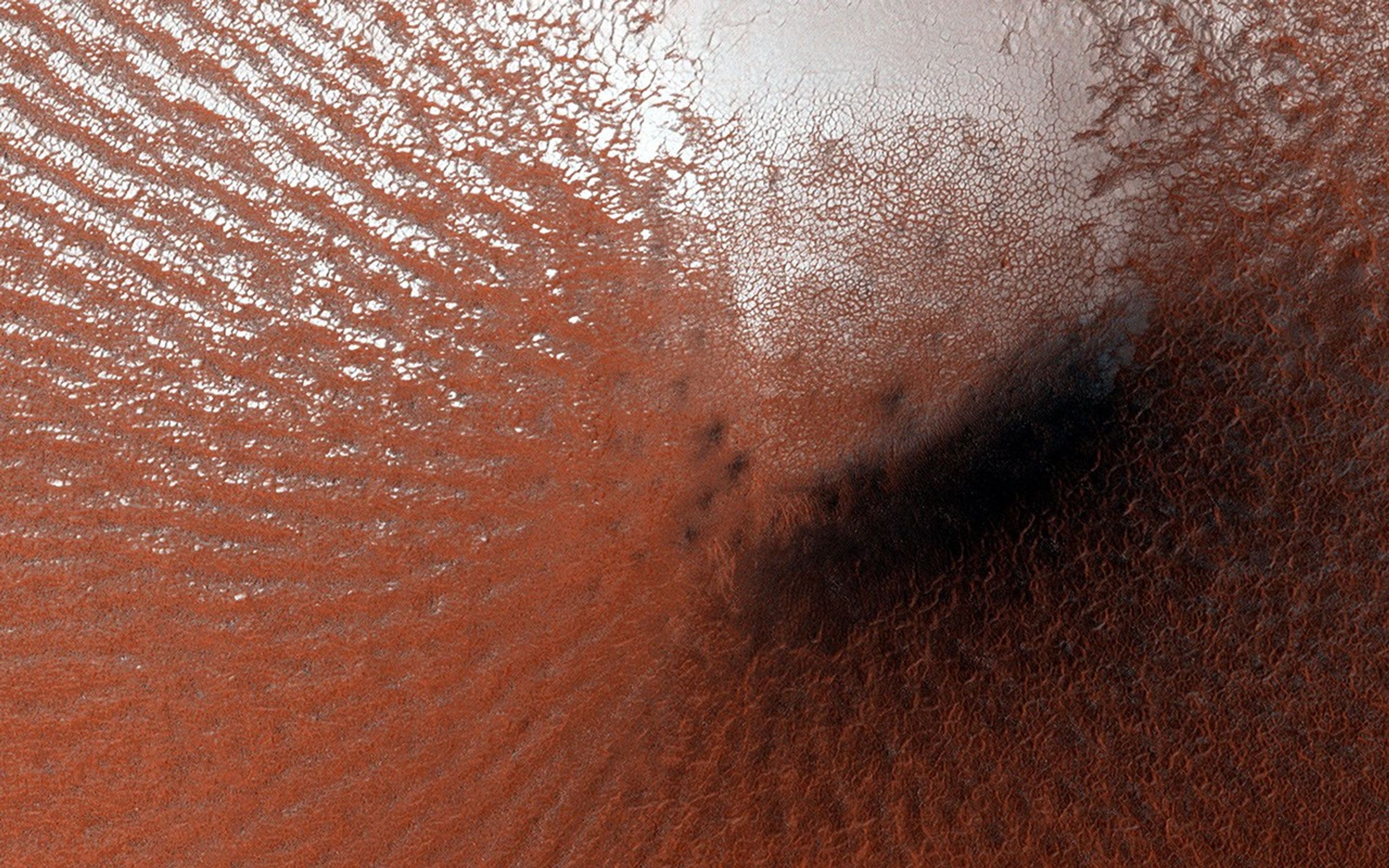 Most surface ice on Mars is temporary. The polar layered deposits are thick stacks of permanent water ice at each pole, and the South Polar residual cap may be a permanent (although dynamic) layer of carbon dioxide ice as seen by NASA's Mars Reconnaissanc