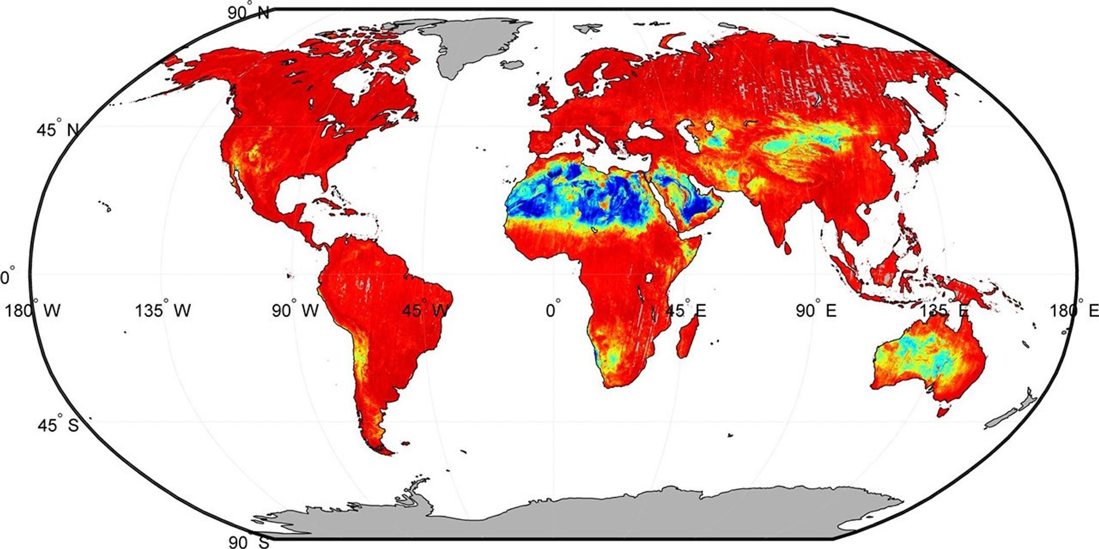 Our planet emits energy as thermal infrared radiation at wavelengths we cannot normally see but can feel -- for example, if we stand close to a hot surface. This map is from NASA's ASTER GED.