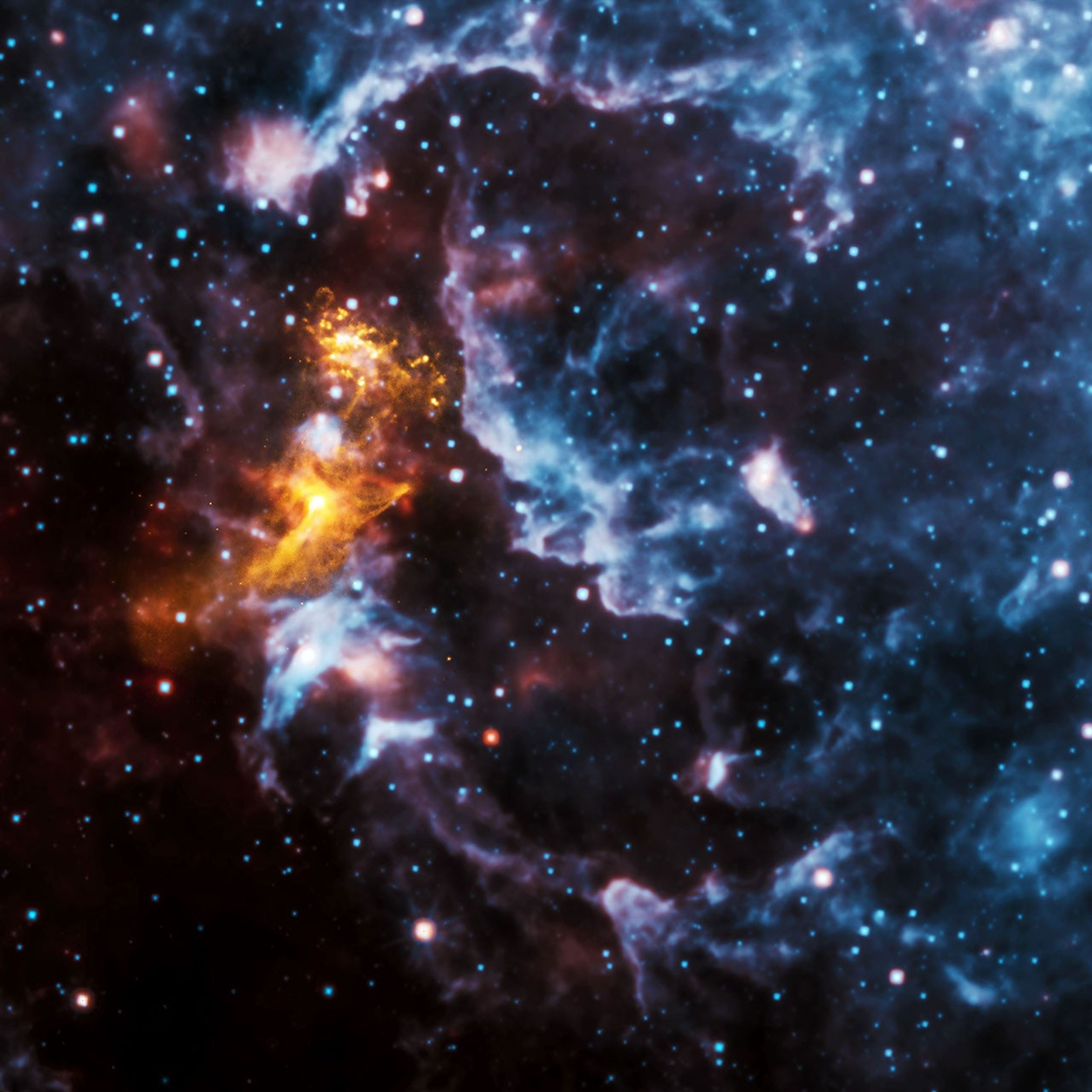 In this image of PSR B1509-58 (about 170,000 light-years from Earth), X-rays from NASA's Chandra in gold are seen along with infrared data from NASA's Wide-field Infrared Survey Explorer (WISE) telescope in red, green and blue.