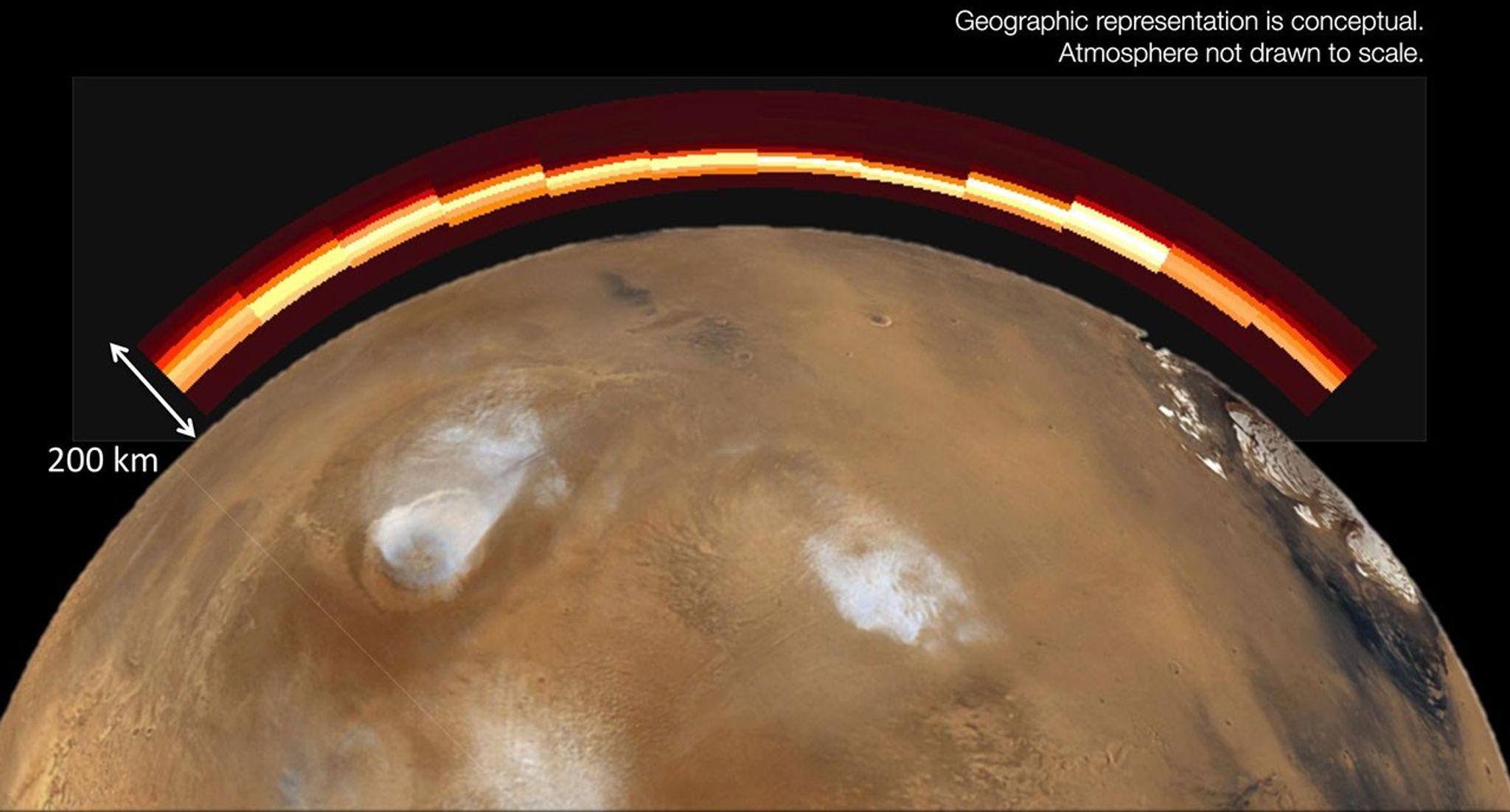 This graphic depicts what Mars' atmosphere would have looked like to a viewer with ultraviolet-seeing eyes after a meteor shower on Oct. 19, 2014.