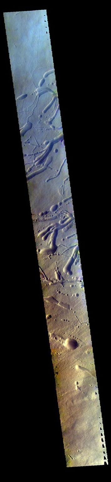This image from NASA's 2001 Mars Odyssey spacecraft is a false color image of part of the northern flank of Ascreaus Mons. The bluish section at the top of the image may indicate an atmospheric haze.