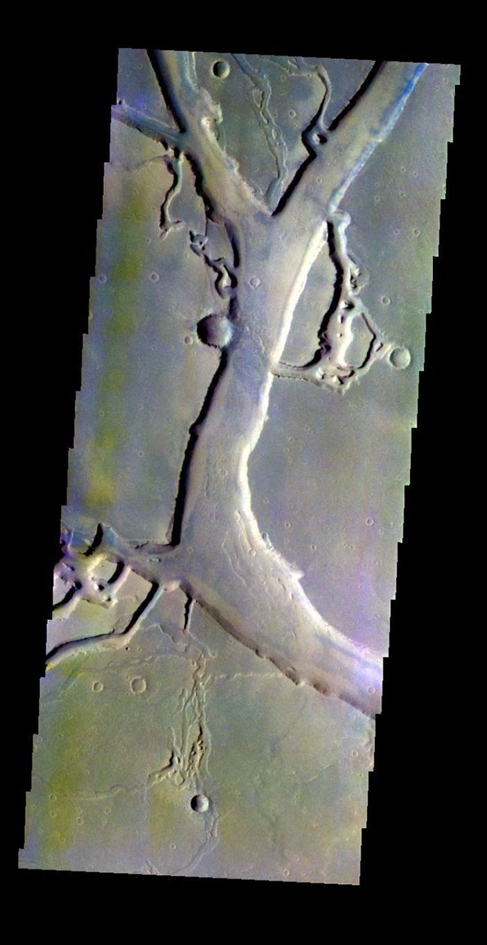 The THEMIS VIS camera contains 5 filters. The data from different filters can be combined in multiple ways to create a false color image. This false color image from NASA's 2001 Mars Odyssey spacecraft shows part of Granicus Valles.