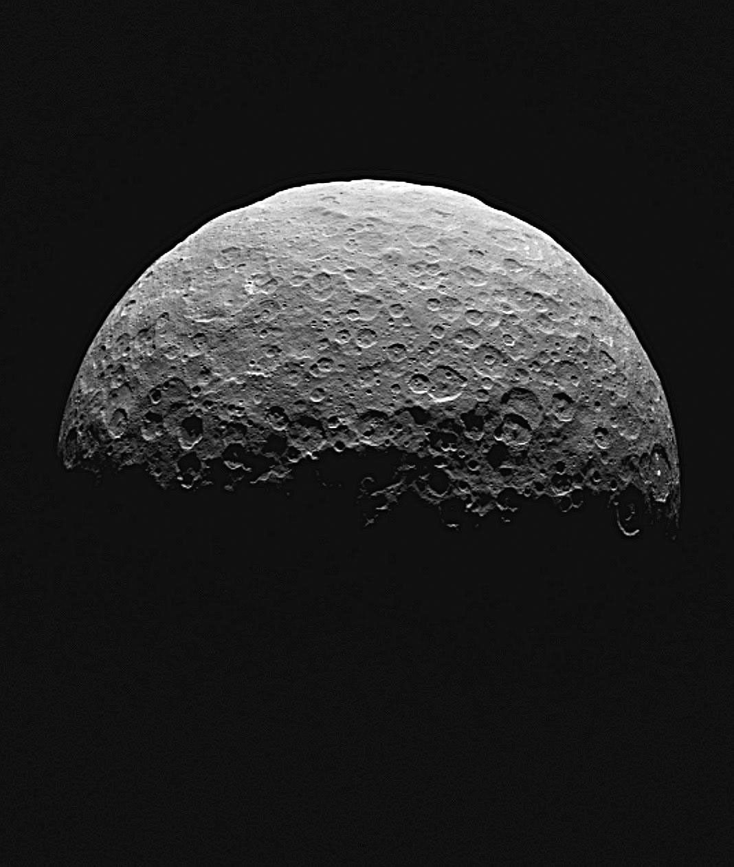This frame from an animated sequence of images shows northern terrain on the sunlit side of dwarf planet Ceres as seen by NASA's Dawn spacecraft on April 14 and 15, 2015.