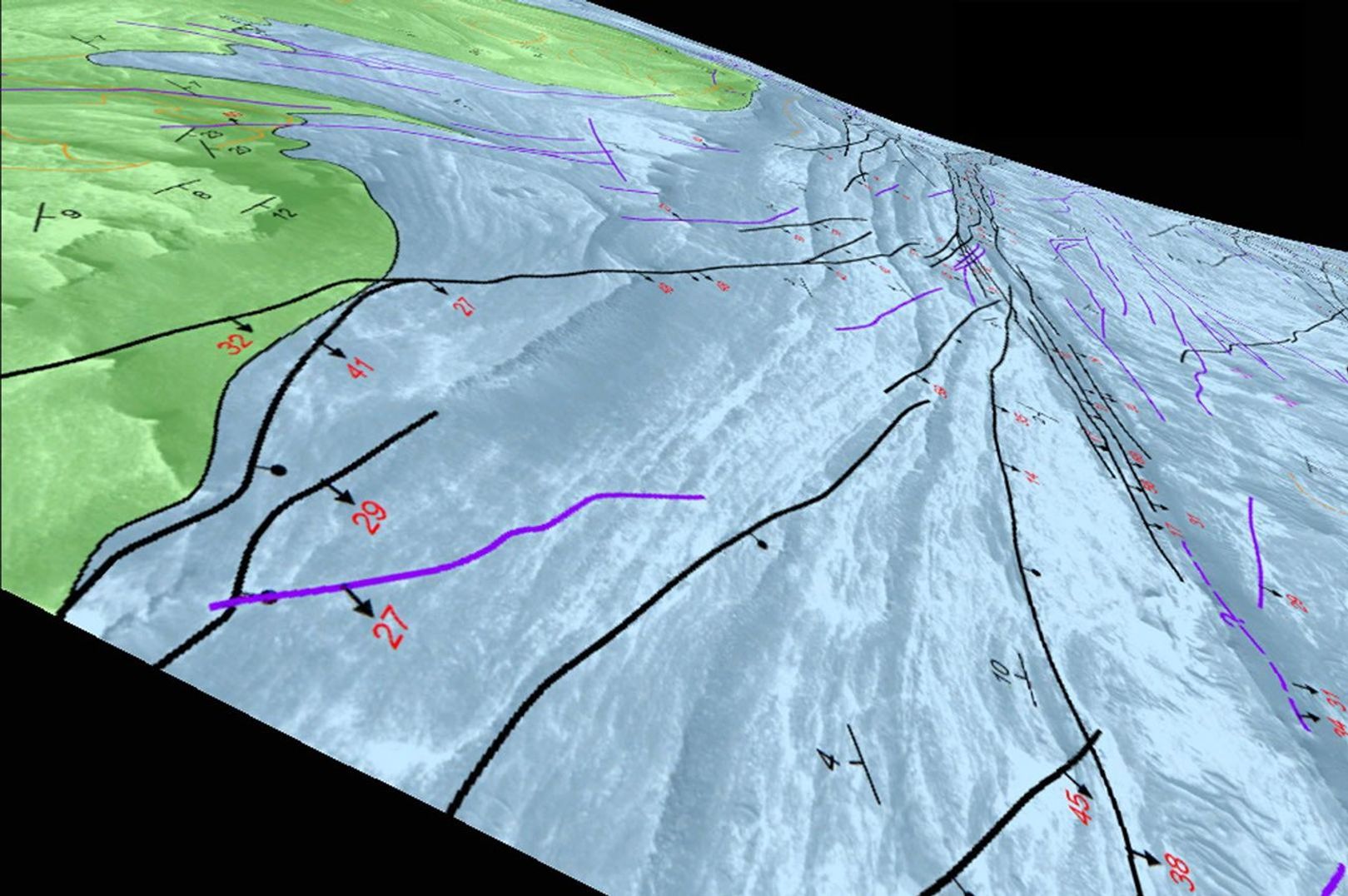 This frame from an animation simulates a flyover of a portion of a Martian canyon detailed in a geological map produced by the U.S. Geological Survey and based on observations by the HiRISE camera on NASA's Mars Reconnaissance Orbiter.